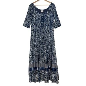 Anokhi VTG Patterned Fit & Flare Maxi Dress Size M Pleated Boho Vacation